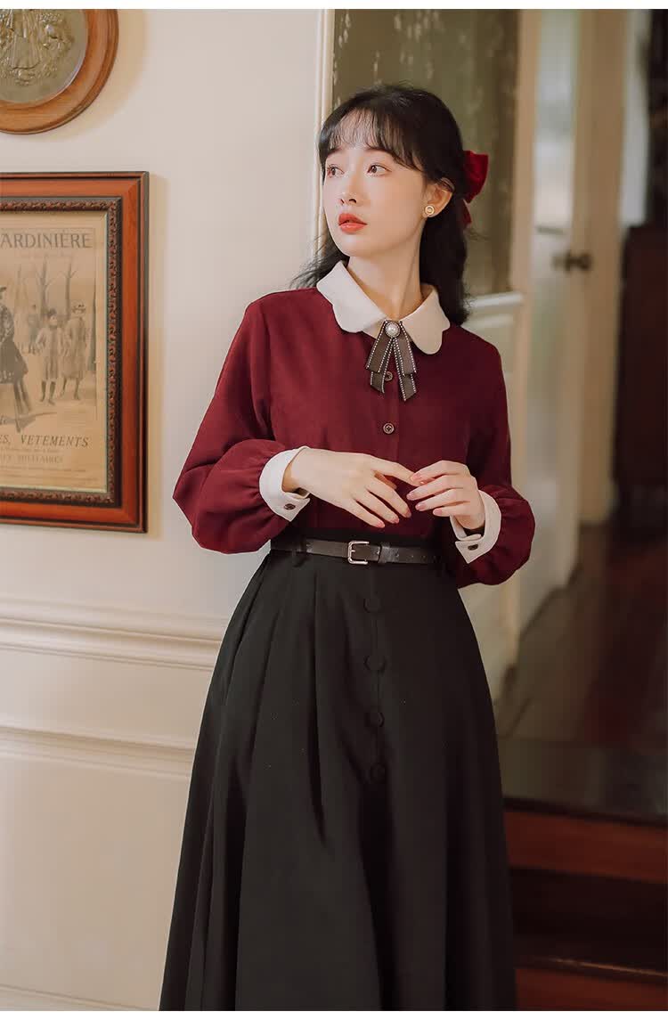 秋冬季连衣裙朗诵演讲比赛服装女民国风复古小洋装少女学生两件套 单