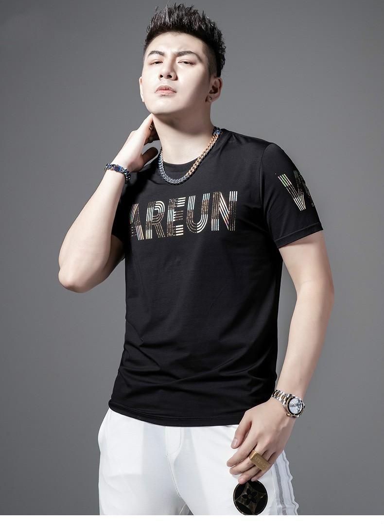 hteec香港潮牌短袖男夏季新款冰感潮流修身港风字母烫钻纯棉t恤男黑色