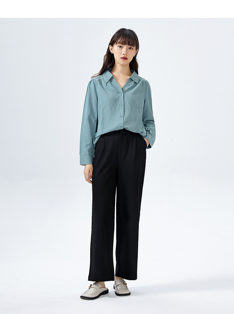 三福2021秋季女轻熟格纹褶皱设计衬衫舒适上衣女445281 米白 160/84a