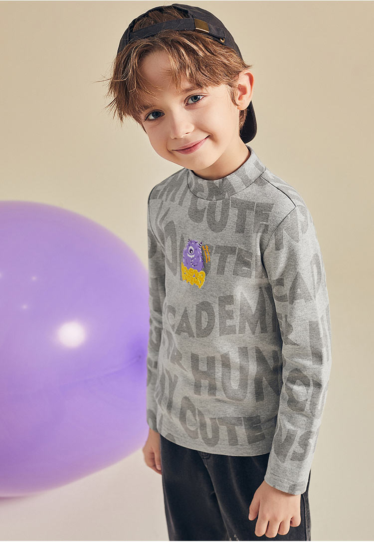 minipeace太平鸟童装男童长袖t恤半高领打底衫儿童内搭秋冬保暖潮灰色