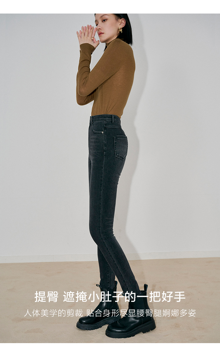 初棉超模腿高弹修身牛仔裤女 复古真皮标小黑裤女士紧身牛仔裤 黑色