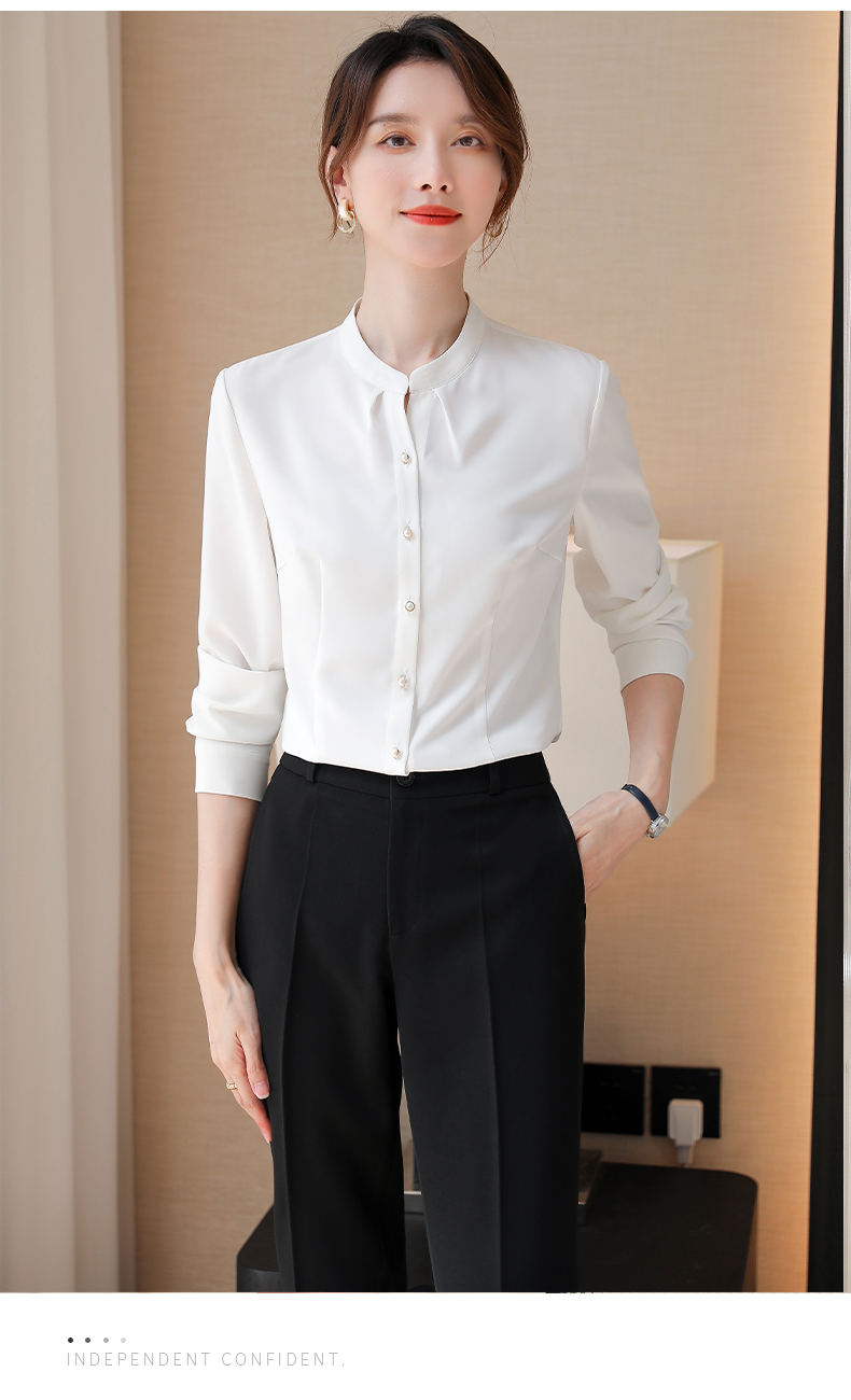 简恩妮白衬衫女秋季气质新款立领雪纺衫时尚韩版ol职业工作服衬衫s
