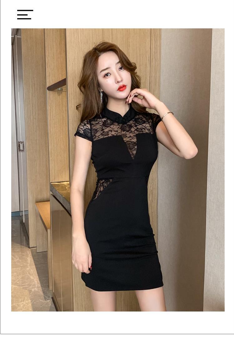 蕾丝性感连衣裙透视深v领露胸包臀短裙酒吧夜店女装夜场旗袍裙子 黑色