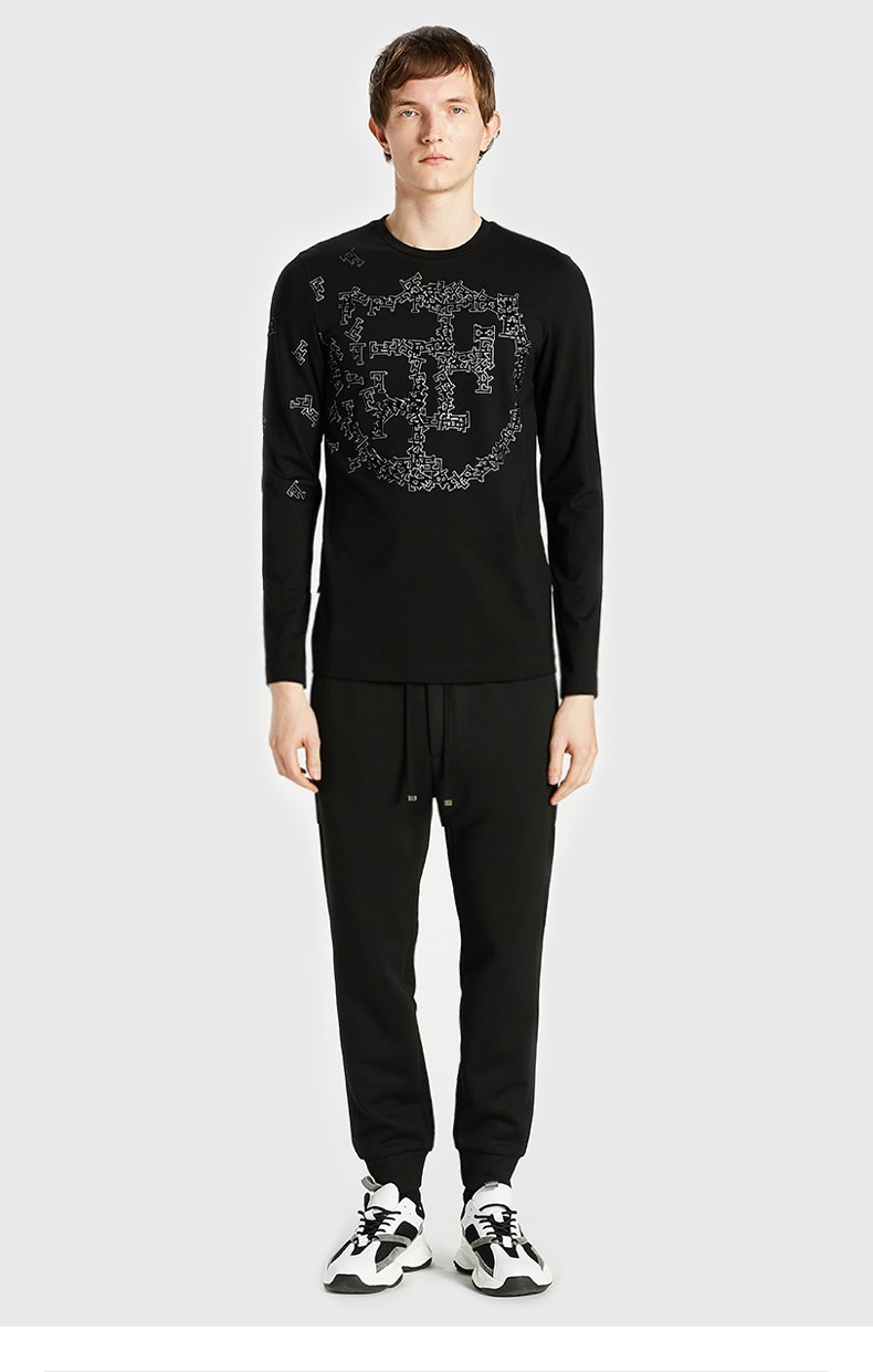 ferre费雷男装短绒字母圆领轻奢长袖t恤男宽松打底衫内搭白色46