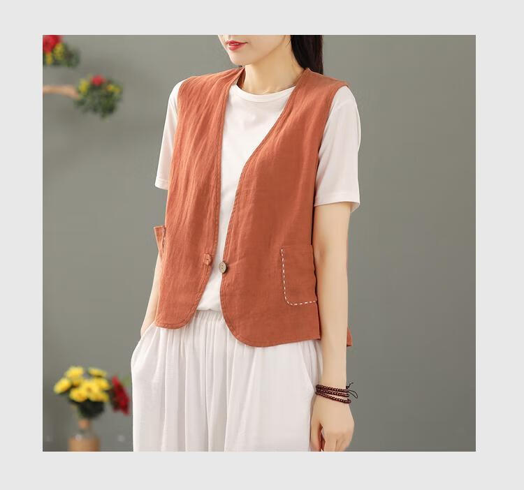 知特zhite夏天穿的无袖薄款马甲女士透气开衫马夹小背心复古文艺亚麻