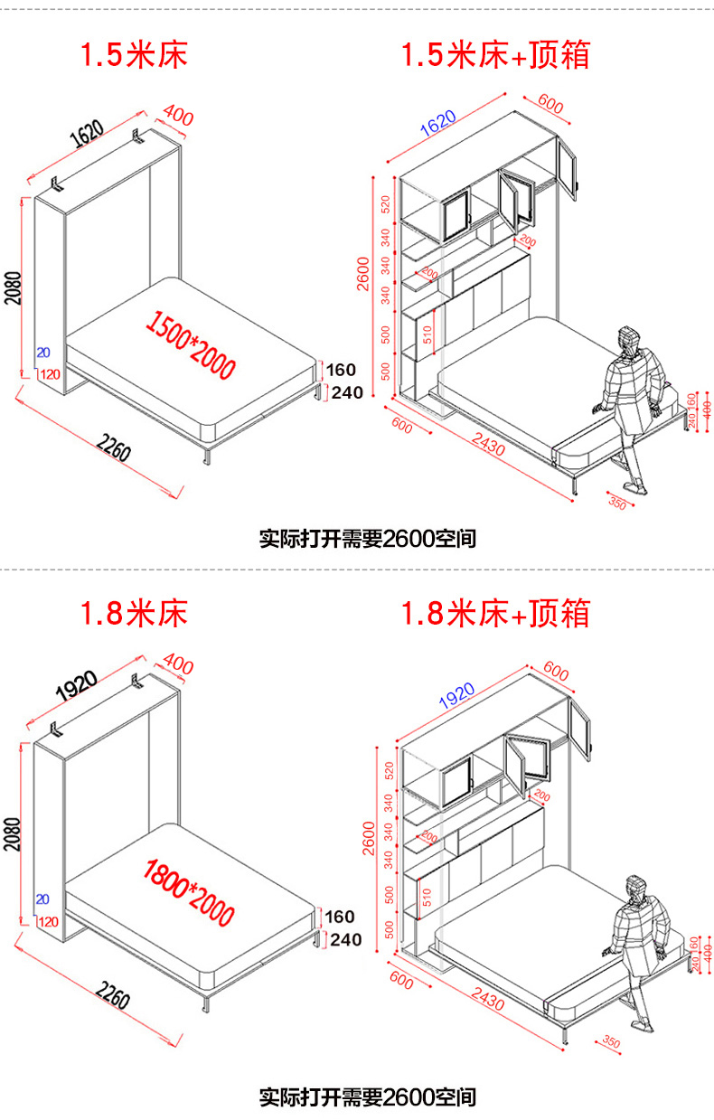 强象壁床隐形床配件墨菲床正翻多功能翻板床五金折叠床15002000壁床