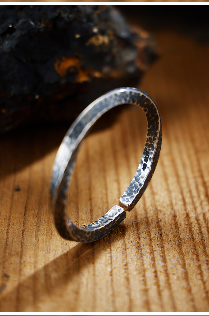 同款999银手镯男士复古锤纹开口镯子莫比乌斯手环送男友礼物七夕情人