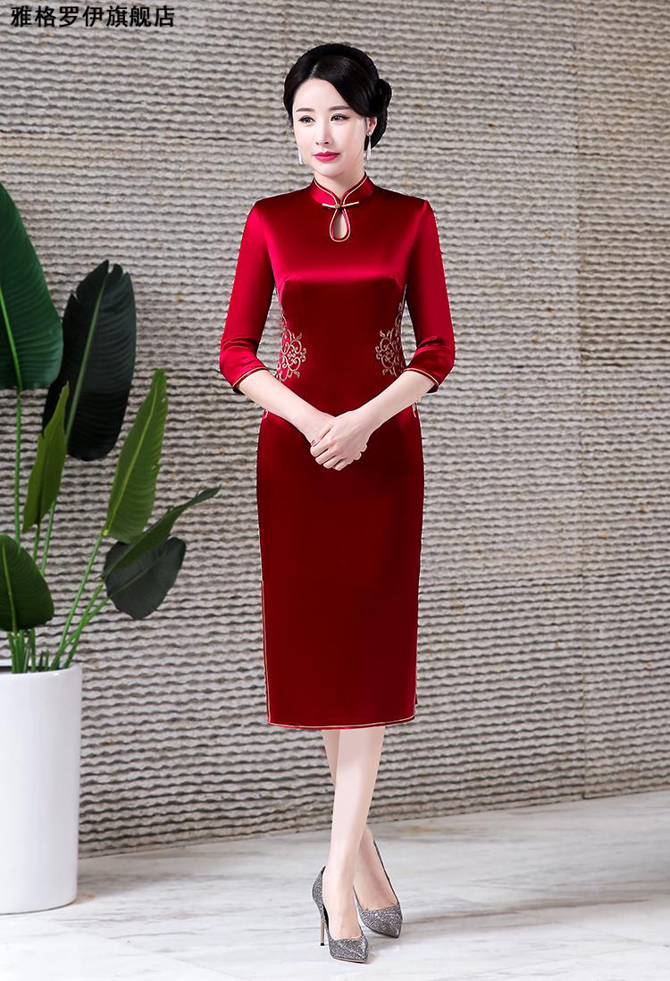 真丝夏天喜婆婆旗袍裙妈妈夏装婆婆婚礼服桑蚕丝婚宴连衣裙结婚敬洒