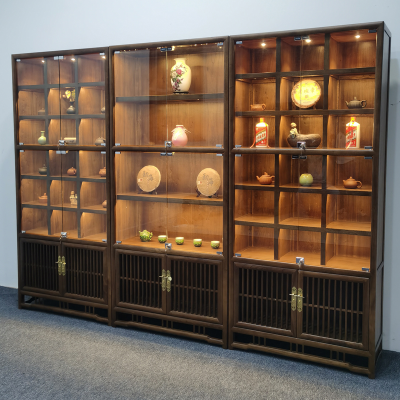 墨绩 古董收藏柜 榆木多宝阁玻璃带灯展柜茶叶展示柜现代茶饼收藏古董