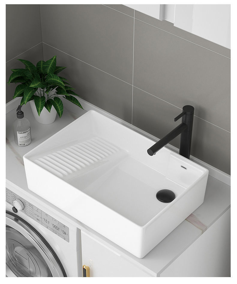 wand时尚家装陶瓷台上盆洗衣机洗手盆一体带搓衣板阳台洗手盆侧下水