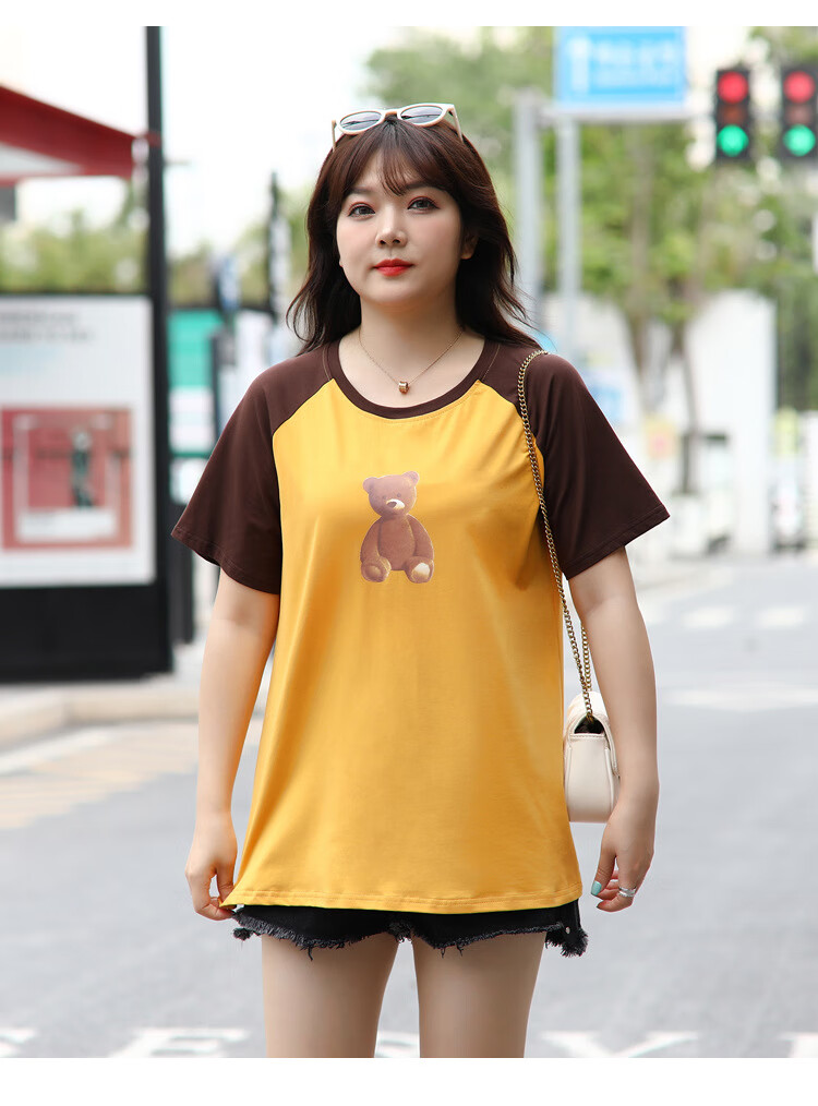 胖妹胖人妇女显瘦遮肚子遮手臂小熊印花短袖t恤女夏 大码胖妹妹新款