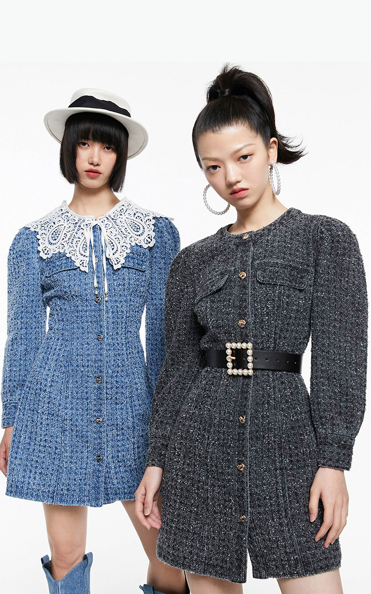 only2021冬季新款时尚百搭小香风圆领短款连衣裙女121442007j09深牛仔