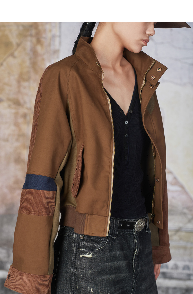 达衣岩美式复古短款夹克2021秋季新款高立领拼接上衣飞行员外套女