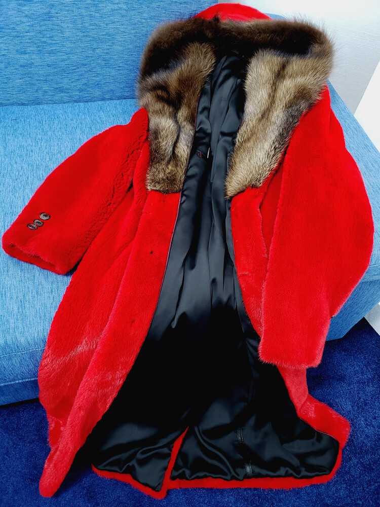 七匹狼宝嘉美貂皮整貂皮大衣男进口宝嘉美天鹅绒渔貂毛披肩帽中国红