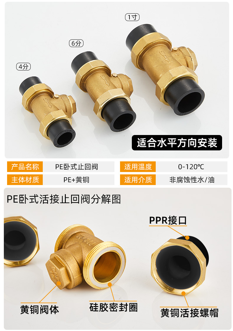 4/6分热熔止回阀黄铜卧立式逆止20/25ppr双活接自来水管表单向阀 pe20