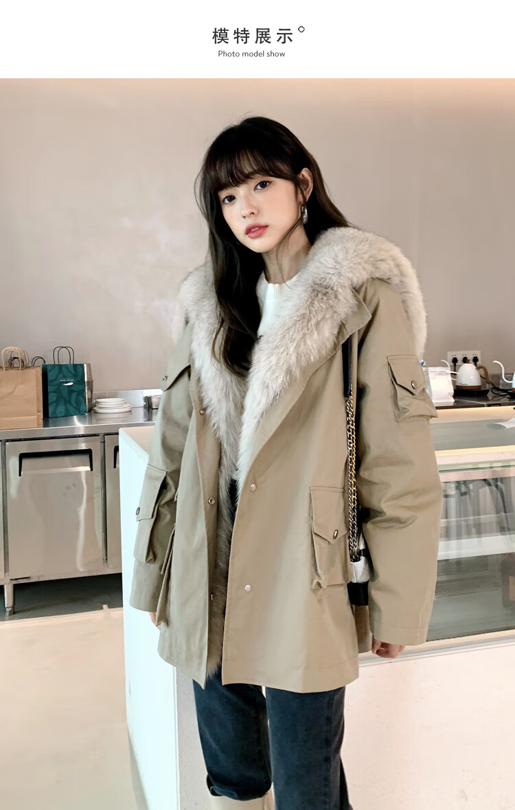 【新品】乐町宽松大毛领派克服2021夏季新款派克服女款皮草外套 卡其