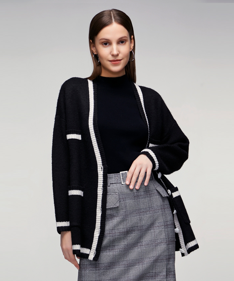 g2000女装2021新款oversize针织开衫黑白撞色减龄v领慵懒外套16771330