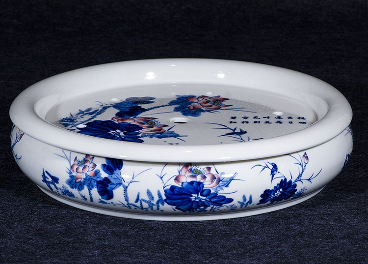 青花瓷茶盘手绘茶盘陶瓷加大号圆形双层茶托盘茶海功夫茶具储水盘青花