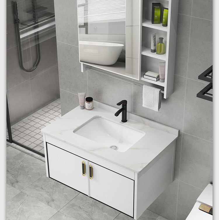 洗手盆一体洗脸盆洗手台卫生间洗漱台陶瓷盆43c纯白e龙头镜柜黑框版