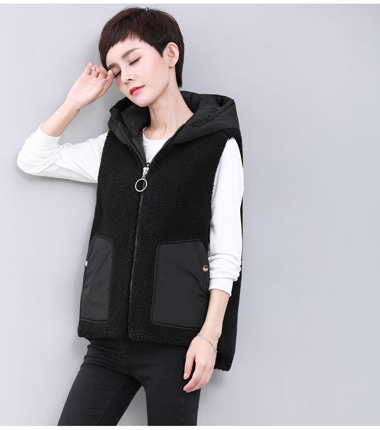 女士棉马甲短款秋冬羊羔绒连帽小款夹棉坎肩时尚背心马夹棉衣外套【15