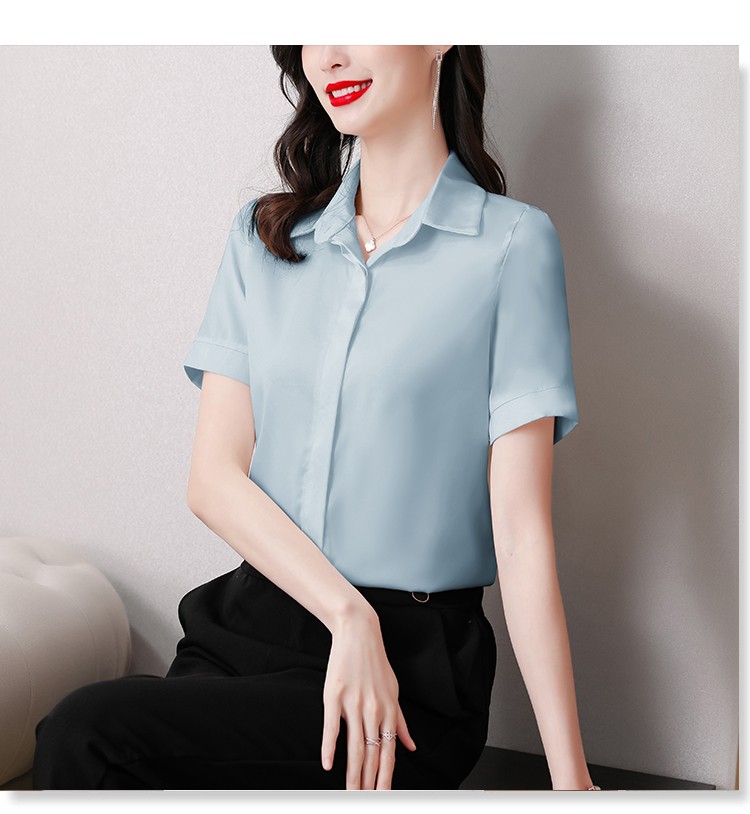 恒源祥彩羊仿真丝雪纺衬衫女短袖衬衣服纯色大牌宽松高端缎面仿桑蚕丝