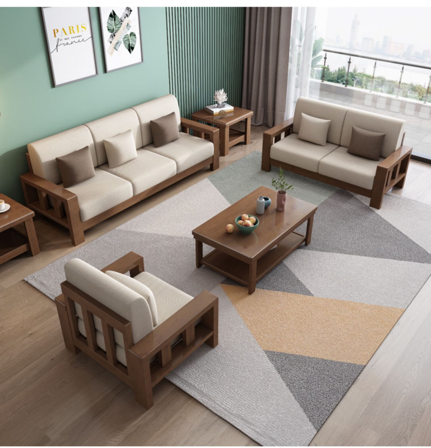雷动创意沙发现代简约中式实木沙发组合小户型三人位木质布艺沙发床