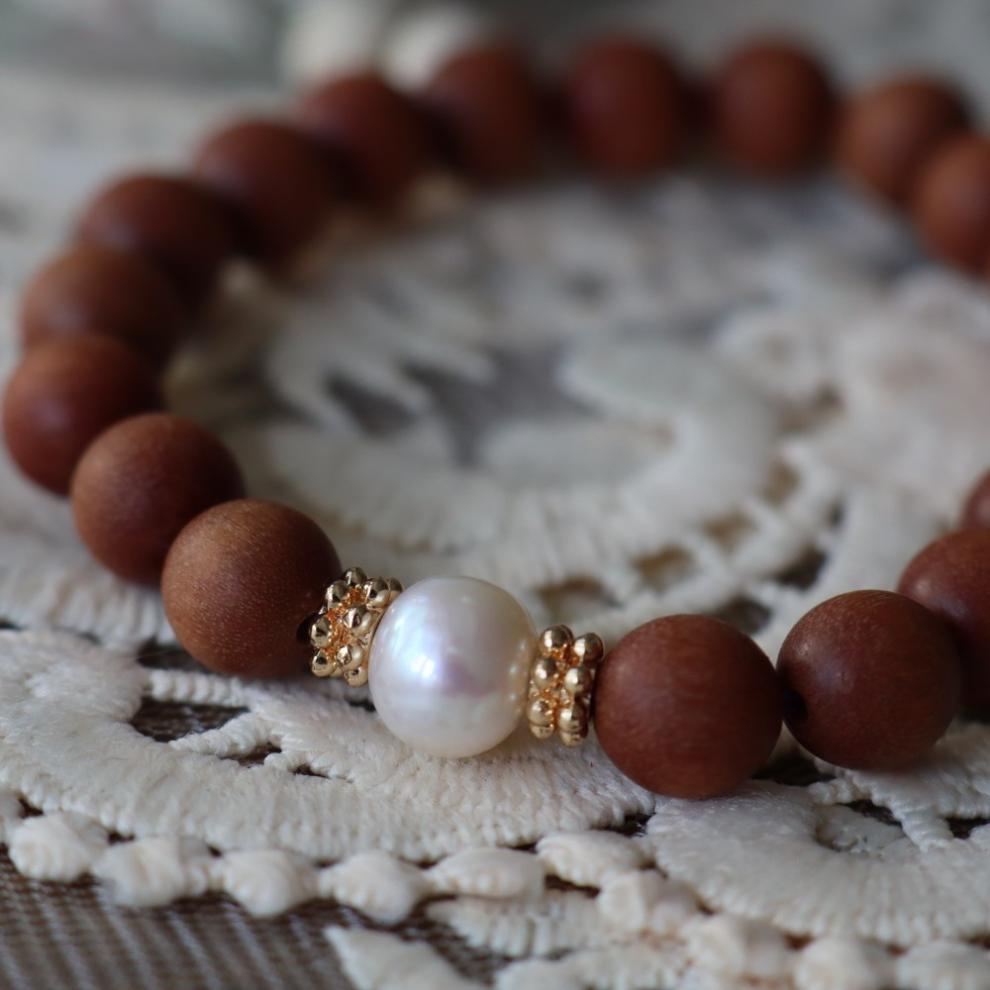 奶香木手串灵物有约印度老山檀木奶香国产akoya珍珠原创圆珠手链手串