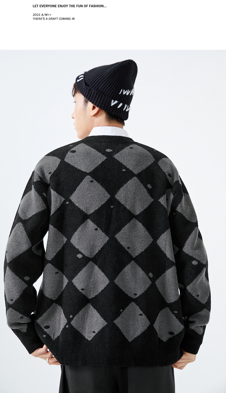 商场同款太平鸟男装黑灰格子毛开衫韩版休闲针织衫b2eab3301黑色微阔
