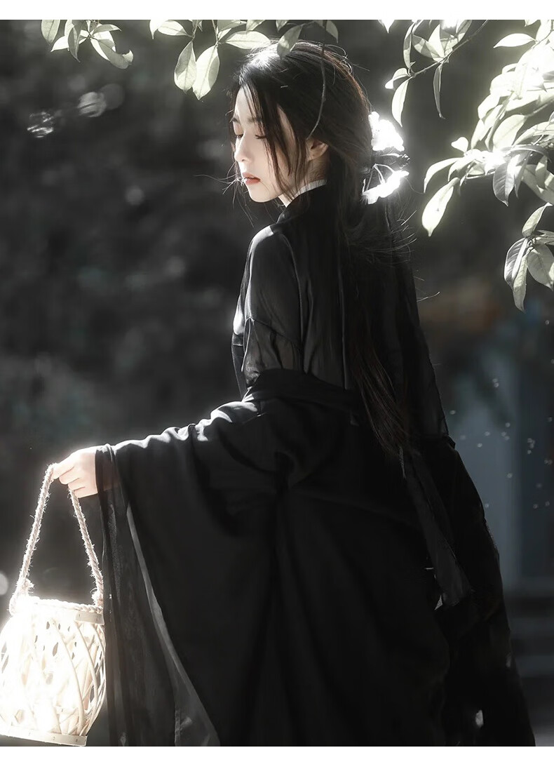 广袖流仙裙汉服女夏季直裾古装中国风改良广袖流仙裙黑色武侠古风飘逸