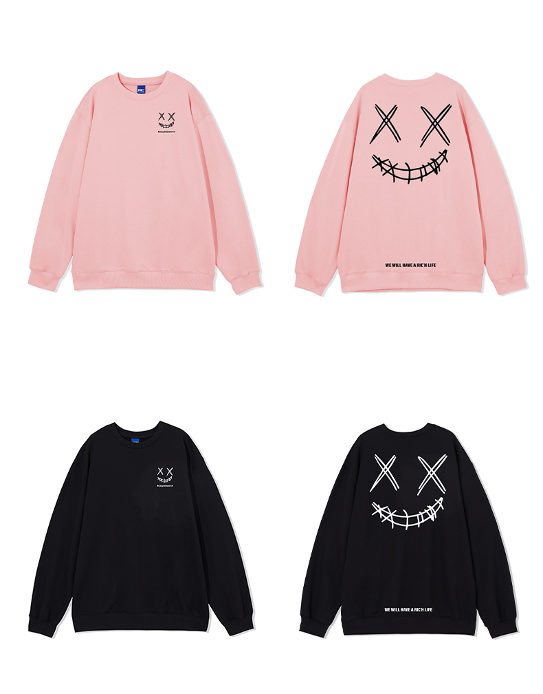 rickyisclownric撕裂笑脸圆领卫衣男国潮牌加绒宽松情侣装ins外套白色