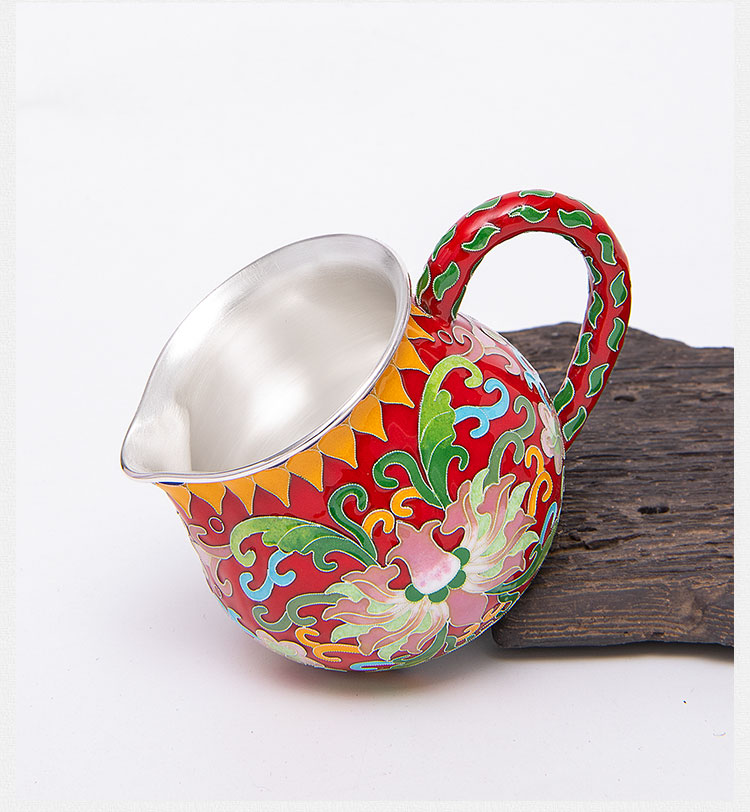 归银堂 银公道杯足银999景泰蓝公平杯 纯手工银胎掐丝珐琅彩茶海银