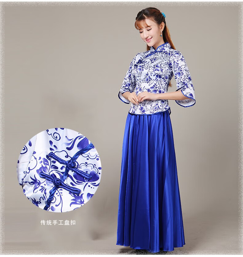 青花瓷衣服女中国风古典民乐演奏舞台服古筝伴奏大合唱演出服长裙
