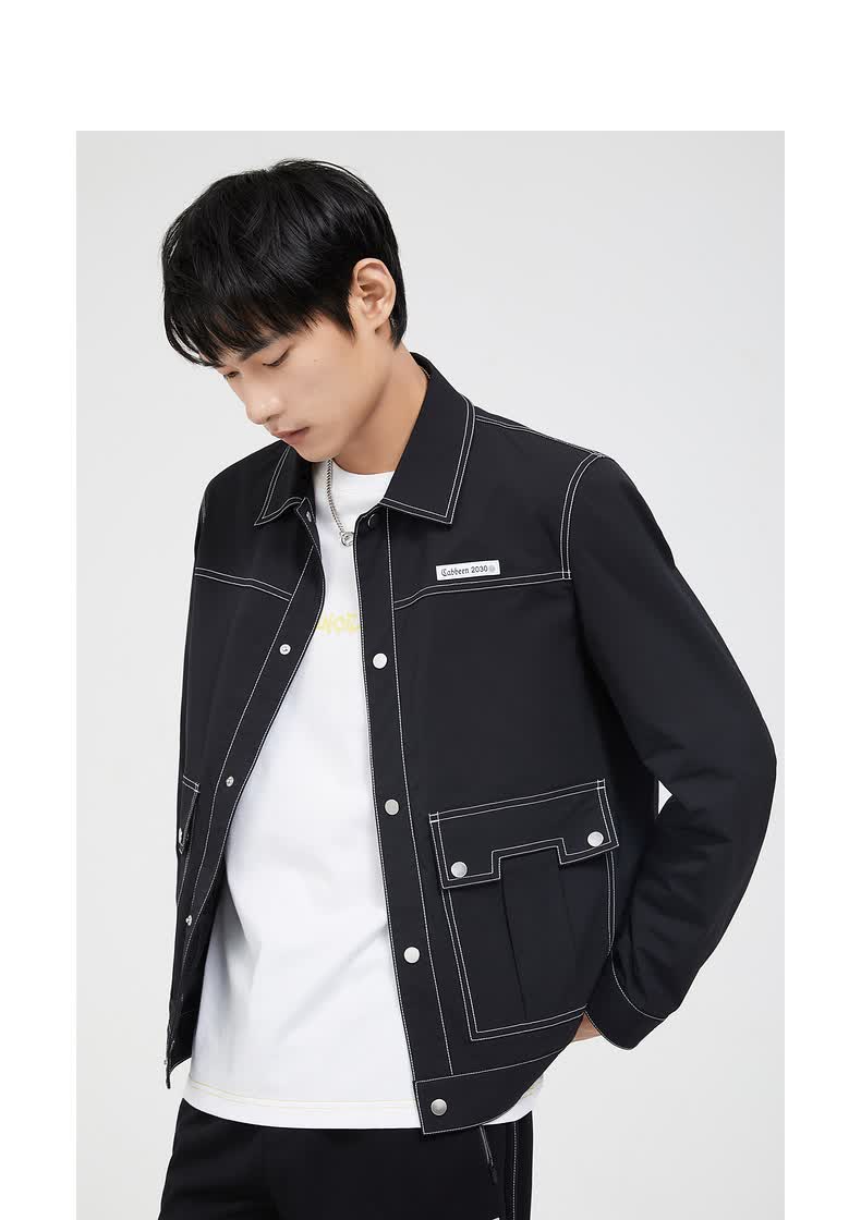 cabbeen卡宾男装休闲翻领夹克外套2021秋冬潮流工装风明线a蓝灰色