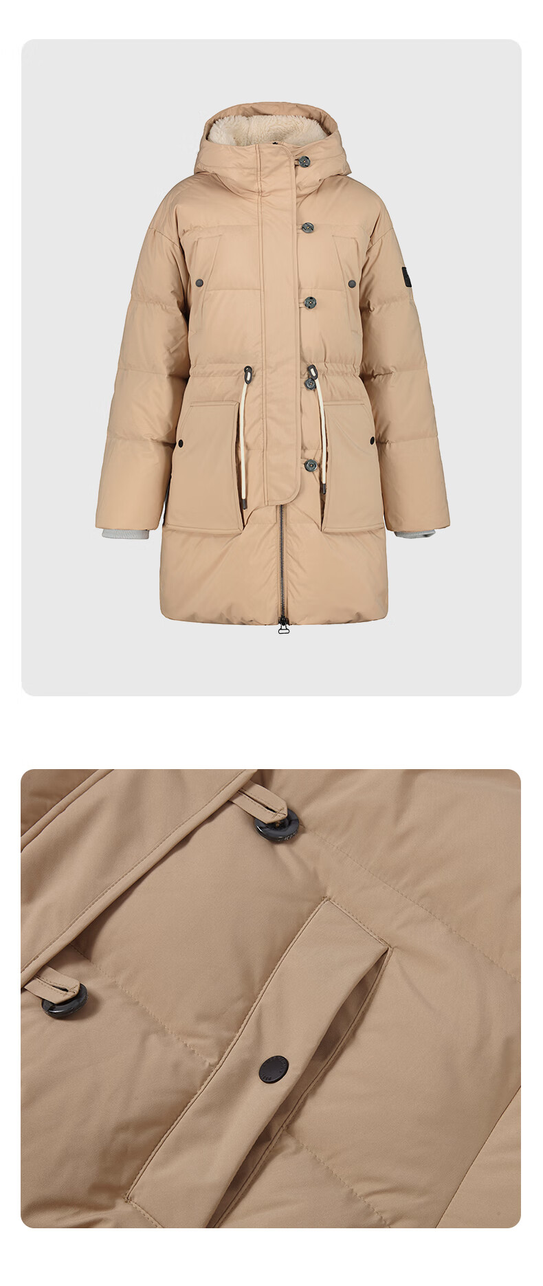 icepeak"极地自然"系列22新女连帽中长收腰鹅绒羽绒服白鹅绒填充 浅沙