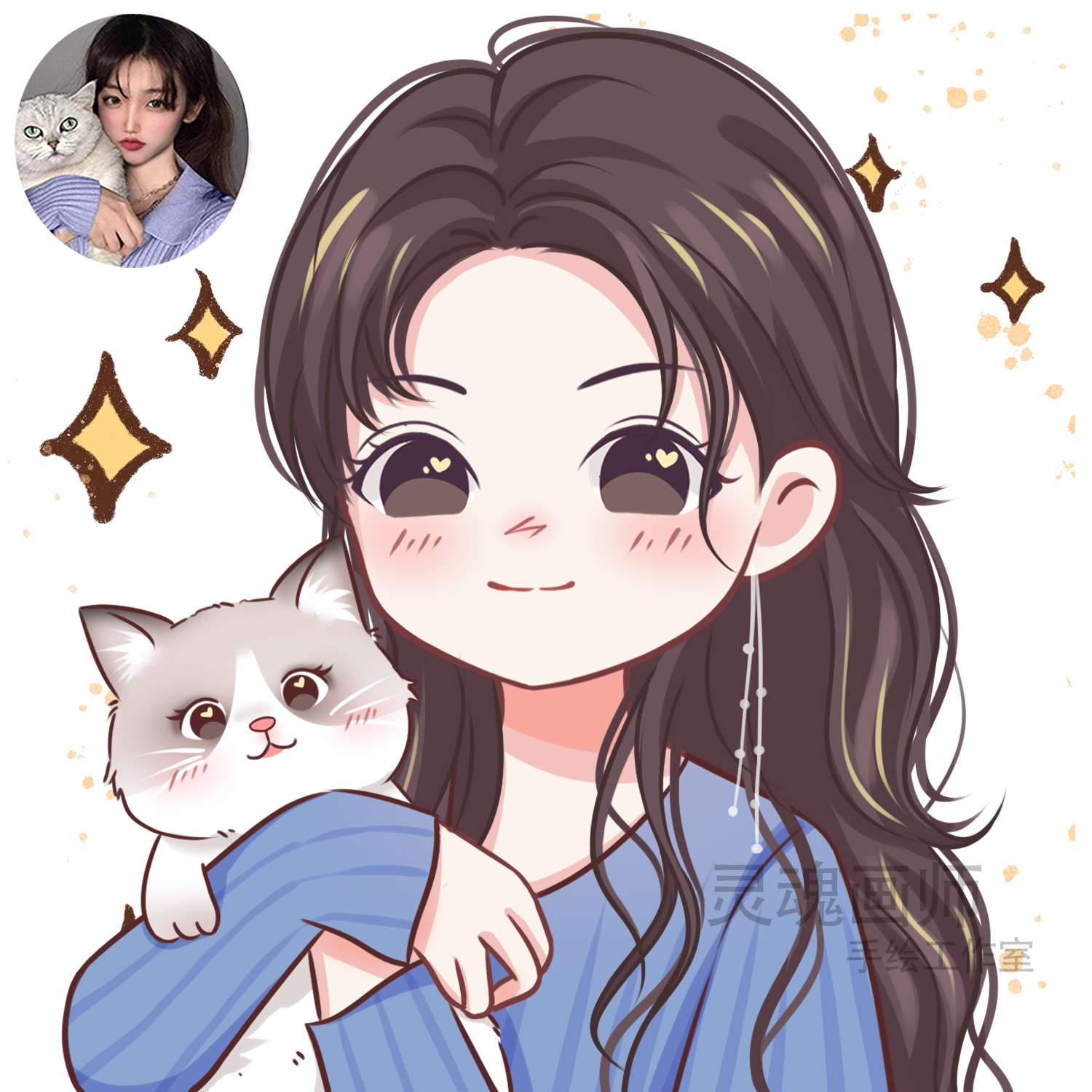 真人照片纯转约稿代画q版情侣头像插画设计定制漫画卡通星眼风半身到