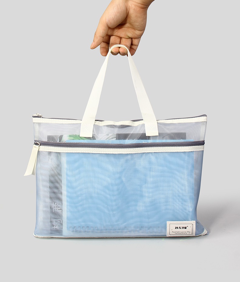 手提袋学生拎书袋大容量高考中考考试袋手提包透明加宽带笔袋款蓝色