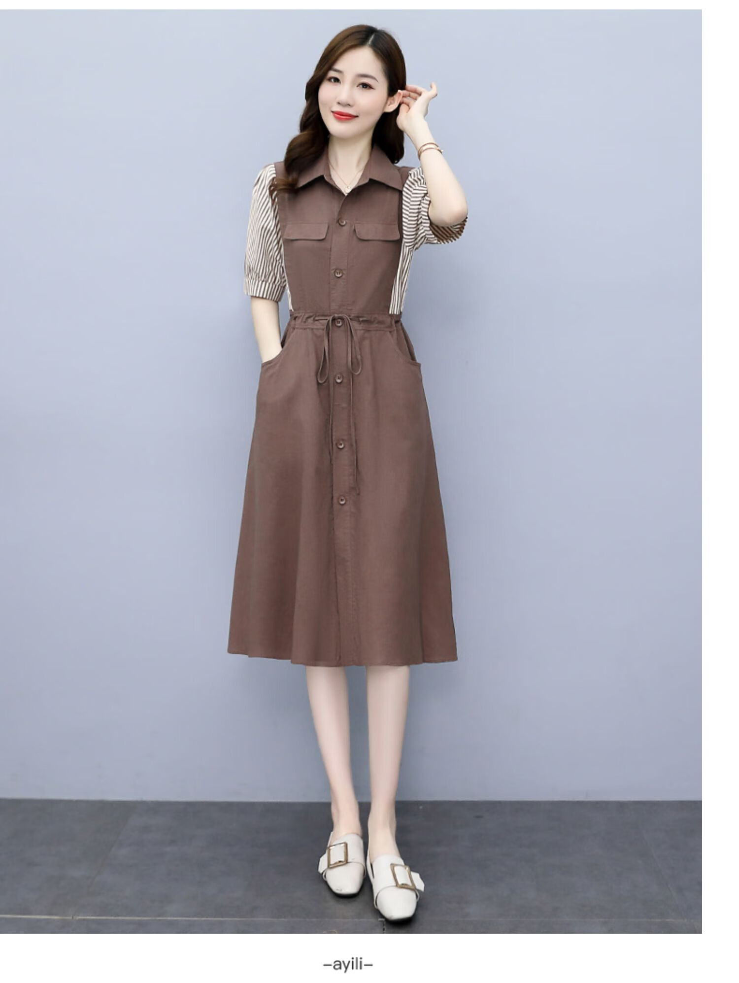 禾禾布衣衬衫裙拼接连衣裙女夏季2021年新款女装收腰显瘦气质今年流行