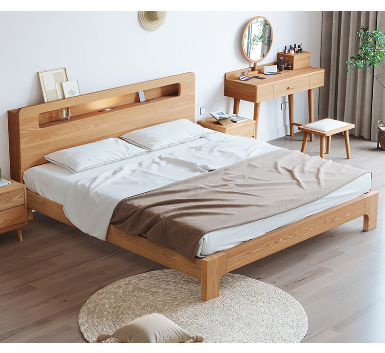 卧派 全实木床主卧双人床北欧橡木大床 夜灯储物床 5502 普通床 乳胶