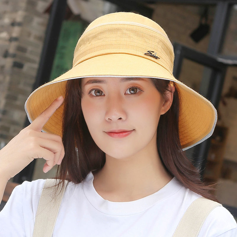 女士纱帽韩版时尚新款凉帽子夏季晒女百搭盆帽晒遮阳渔夫帽太阳帽黄色