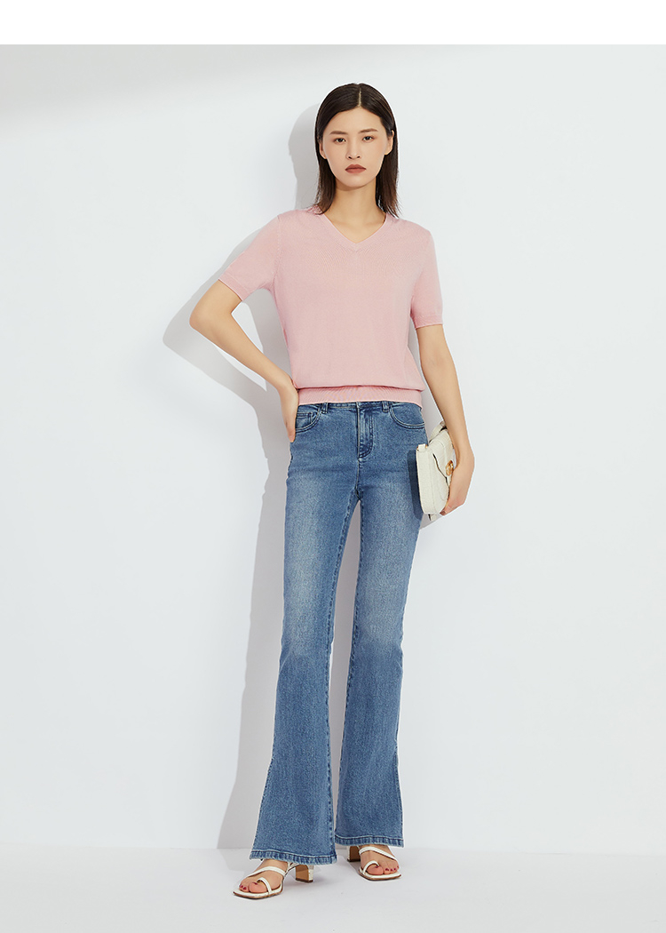 哥弟女装2021夏季新款简约v领显瘦三醋酸短袖针织衫女t恤上衣a300946