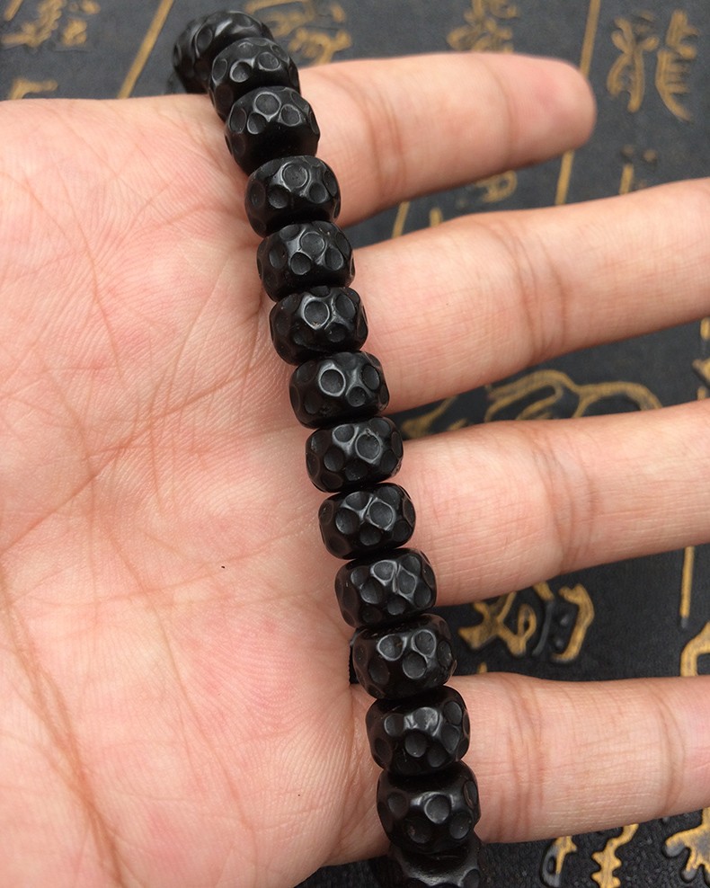 印尼老料椰蒂雕刻五福桶珠天然原色手工椰壳陨石坑单圈手串陨石坑椰蒂