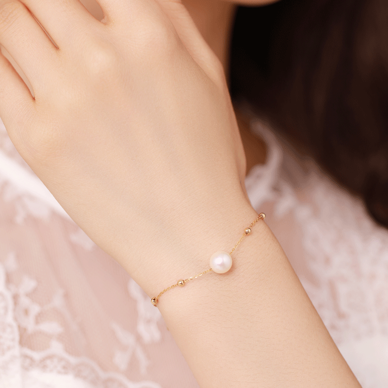 佐卡伊 黄18k金珍珠手链时尚简约手链送女友礼物 珍珠手链 定制