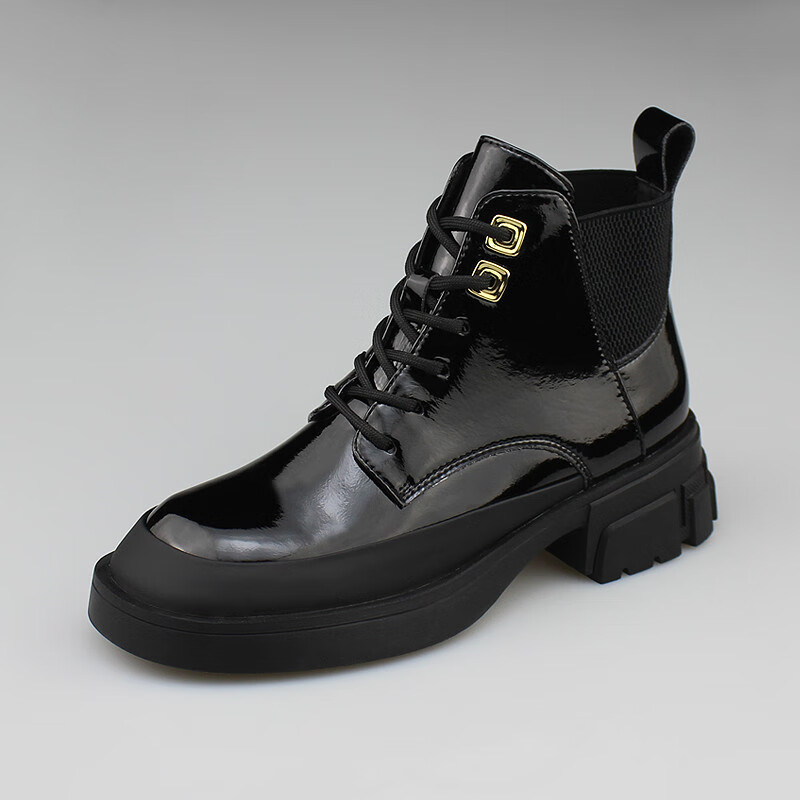 轩美诗女鞋 2022秋冬新款漆皮粗跟厚底英伦百搭裸靴短靴女鞋3401