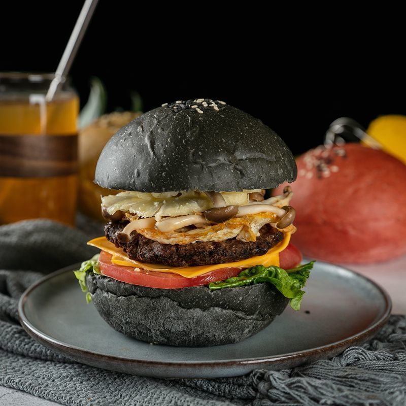 黑色墨鱼汁汉堡 供餐厅汉堡店网红多彩色汉堡面包胚双层早餐半成品