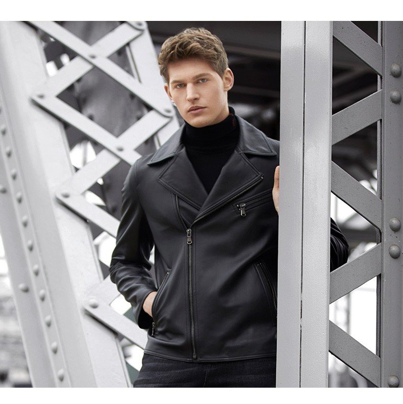 威可多vicutu男士皮衣羊皮黑色皮夹克男时尚修身翻领机车服男vrw