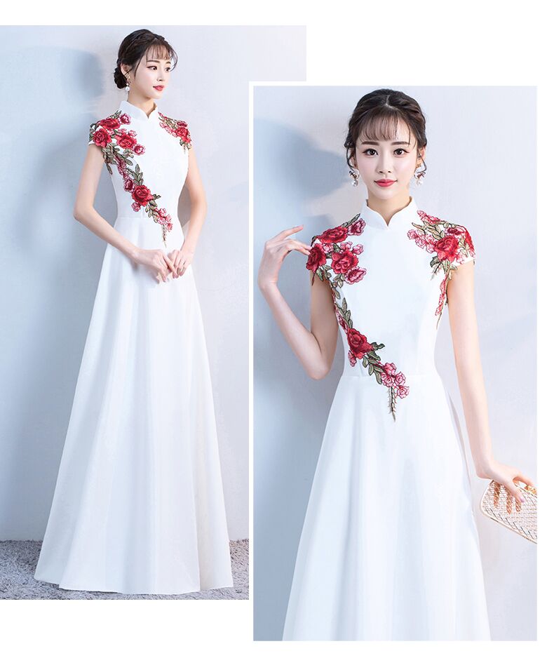 礼仪小姐礼服旗袍迎宾服长款新式中国风刺绣迎宾学生颁奖服红色青花瓷