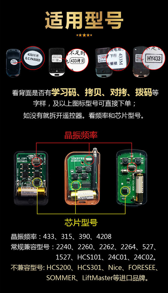 捲簾門遙控器電動門遙控器車庫門遙控器拷貝對拷撥碼伸縮433315433