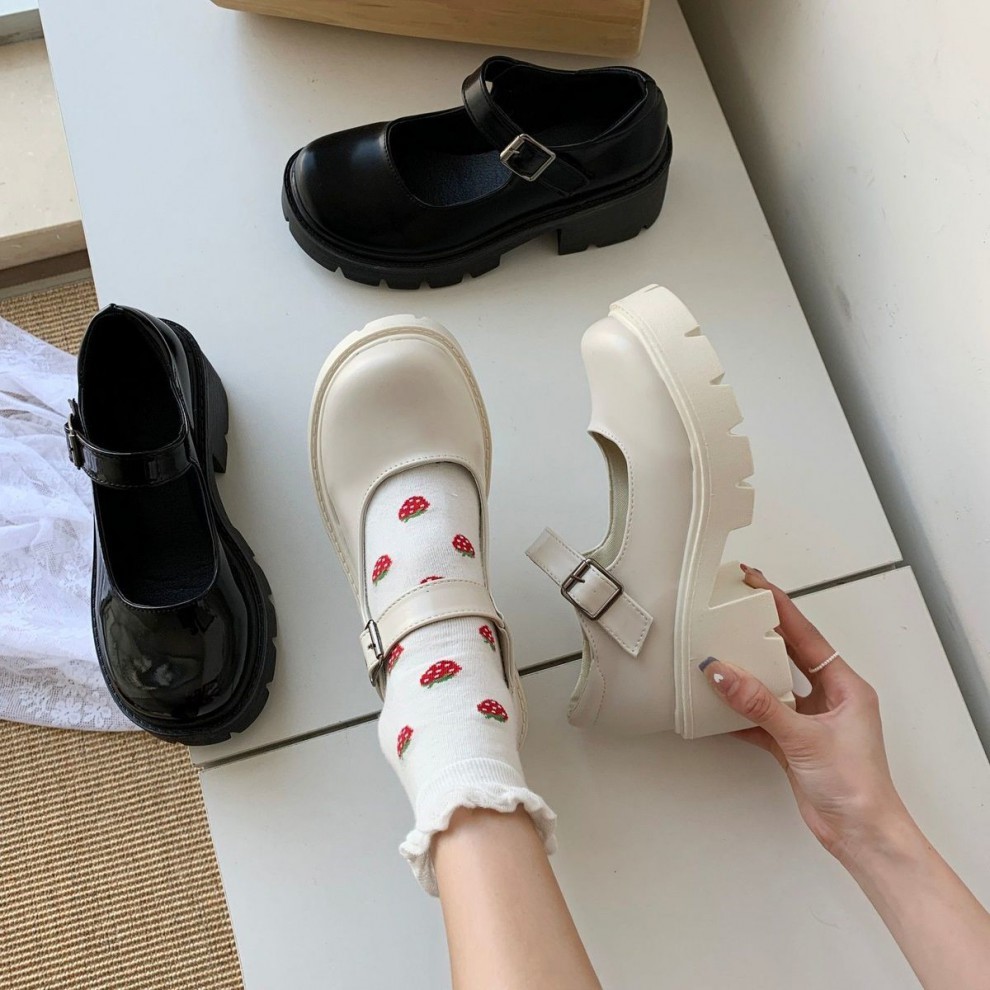 猪腰子鞋jk鞋子 日系白色玛丽珍小皮鞋女夏季薄款日系jk厚底浅口复古