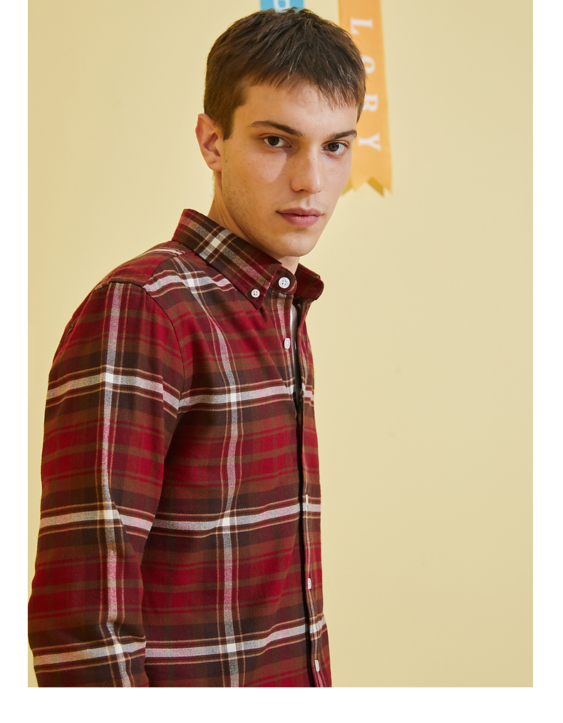 plory秋冬新品撞色格纹老鹰刺绣男休闲衬衣衬衫poycb4903h酒红色170