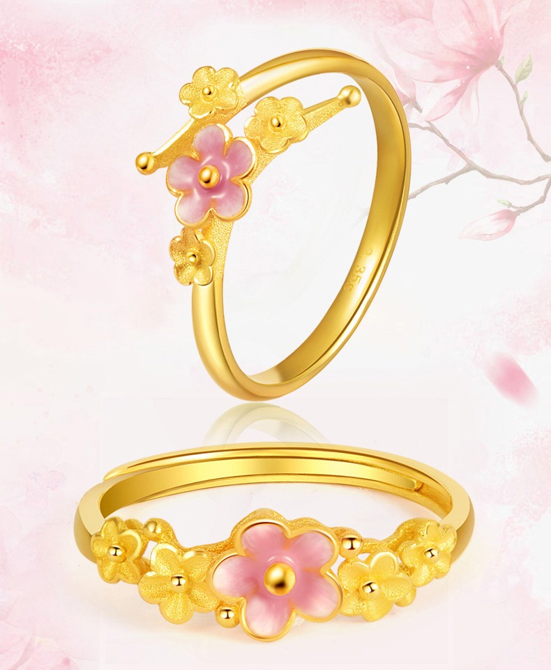 老凤凰款黄金戒指砂面桃花女款足金时尚光面指环三生三世光珠开口戒可